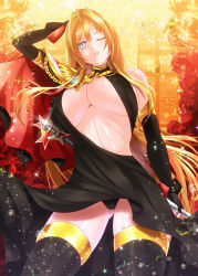 Rule 34 | 1girl, aiguillette, arm behind head, azur lane, bare shoulders, bismarck (azur lane), bismarck (beacon of the iron blood) (azur lane), black dress, black gloves, black thighhighs, blonde hair, blue eyes, breasts, cape, cleavage, covered erect nipples, dress, elbow gloves, epaulettes, evening gown, fingerless gloves, fuyuki jun, gloves, hair between eyes, highres, holding, holding scepter, large breasts, long hair, medallion, one eye closed, parted lips, red cape, scepter, short dress, standing, stomach, thighhighs, thighs