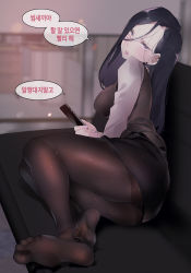 Rule 34 | 1girl, alicecrazy, ass, black hair, cellphone, couch, feet, female focus, highres, long hair, looking at viewer, no shoes, office lady, pantyhose, parted lips, phone, smartphone, solo, translated