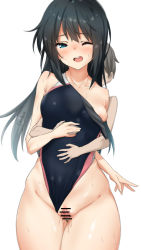 Rule 34 | 1boy, 1girl, admiral (kancolle), asashio (kancolle), bar censor, bare shoulders, black hair, blue eyes, blush, c@rbon, censored, clothing aside, collarbone, competition swimsuit, cowboy shot, from behind, grinding, hetero, hug, hug from behind, kantai collection, little boy admiral (kancolle), long hair, nipple slip, nipples, off shoulder, one-piece swimsuit, one eye closed, open mouth, penis, pussy, simple background, sweat, swimsuit, swimsuit aside, thigh sex, thighs, white background