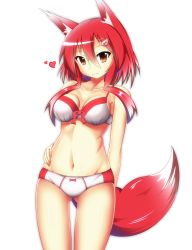 Rule 34 | 1girl, animal ears, blush, bra, breasts, busoushinkimms, fox ears, fox tail, heart, highres, long hair, medium breasts, original, panties, red hair, simple background, smile, solo, tail, underwear, underwear only, white background