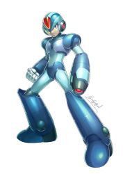 Rule 34 | 1boy, android, arm cannon, clenched hand, commentary request, full body, gloves, green eyes, helmet, hi-go!, legs apart, male focus, mega man (series), x (mega man), mega man x (series), serious, signature, simple background, solo, standing, weapon, white background