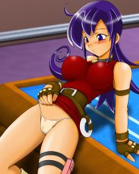 Rule 34 | 1girl, absurdres, arm support, belt, blush, breasts, cameltoe, cleft of venus, clothes lift, covered erect nipples, dress, dress lift, duel masters, fingerless gloves, gloves, highres, huge breasts, large breasts, long hair, panties, pouch, purple eyes, purple hair, tasogare mimi, thigh pouch, tsumitani daisuke, underwear, white panties