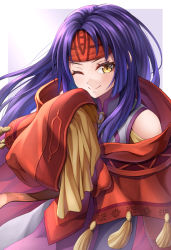 Rule 34 | 1girl, bare shoulders, dress, fire emblem, fire emblem: radiant dawn, headband, long hair, looking at viewer, nintendo, one eye closed, oversized clothes, purple hair, red headband, sanaki kirsch altina, simple background, smile, solo, ten (tenchan man), upper body, wide sleeves, yellow eyes
