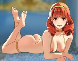 Rule 34 | 1girl, ass, barefoot, bed, blush, breasts, butt crack, celica (fire emblem), choker, ear piercing, earrings, feet, fire emblem, fire emblem echoes: shadows of valentia, fire emblem gaiden, hairband, highres, intelligent systems, jewelry, long hair, lying, matching hair/eyes, medium breasts, nintendo, nipples, nude, piercing, red eyes, red hair, smile, soles, sunbeam (artist), thighs, toes