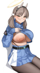 Rule 34 | 1girl, animal ears, blue archive, blue skirt, blue sweater, blush, breasts, fake animal ears, glasses, hair ornament, halo, highres, large breasts, light brown hair, long hair, long sleeves, looking at viewer, moe (blue archive), nipples, pom pom (clothes), pom pom hair ornament, rabbit ears, senju (snz0), skirt, smile, solo, sweater, thighs, twintails, yellow eyes