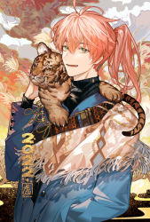 Rule 34 | 2022, animal, arlizi, chinese commentary, chinese zodiac, fate/grand order, fate (series), green eyes, hair between eyes, highres, long hair, long sleeves, male focus, new year, orange hair, romani archaman, scarf, smile, solo, solo focus, tiger, year of the tiger