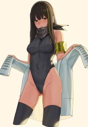 Rule 34 | 1girl, absurdres, armband, bandana, bare shoulders, black leotard, black thighhighs, blunt bangs, blush, breasts, brown eyes, brown hair, covered navel, cropped legs, girls&#039; frontline, gluteal fold, green hair, groin, highleg, highleg leotard, highres, holding, holding clothes, holding shirt, kuro (zhurunbo1997), leotard, long hair, looking at viewer, m4a1 (girls&#039; frontline), medium breasts, multicolored hair, parted lips, shirt, unworn shirt, simple background, sleeveless, solo, streaked hair, thighhighs, thighs, two-tone hair, undressing, white shirt, yellow background