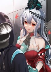 Rule 34 | 1girl, 1other, ?, absurdres, air (visual novel), animal, animal on head, aqua gloves, arknights, ascot, bare shoulders, black ascot, breasts, commentary request, detached sleeves, doctor (arknights), dress, gloves, hair ornament, hand on own chest, highres, hood, hooded jacket, jacket, large breasts, long hair, long sleeves, no headwear, official alternate costume, on head, open mouth, partial commentary, rada (aw waffle), red dress, red eyes, shirt, skadi (arknights), skadi the corrupting heart (arknights), upper body, very long hair, visor, white shirt