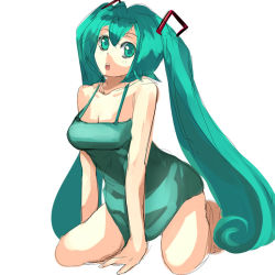 Rule 34 | 1girl, barefoot, breasts, green eyes, green hair, hatsune miku, large breasts, long hair, matching hair/eyes, sketch, solo, suoni (deeperocean), twintails, vocaloid