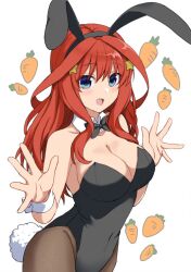 Rule 34 | 1girl, :d, animal ears, black bow, black bowtie, black pantyhose, blue eyes, bow, bowtie, breasts, carrot, cleavage, commentary request, covered navel, detached collar, fake animal ears, fake tail, go-toubun no hanayome, hair between eyes, hair ornament, hands up, highleg, highleg leotard, large breasts, leotard, long hair, looking at viewer, mirai denki, nakano itsuki, open mouth, pantyhose, playboy bunny, rabbit ears, rabbit tail, red hair, smile, solo, star (symbol), star hair ornament, tail, traditional bowtie, white background, white wrist cuffs, wrist cuffs