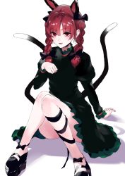 Rule 34 | 1girl, animal ears, arm support, asuzemu, bad anatomy, black bow, black ribbon, blunt bangs, blush, bow, braid, breasts, cat ears, cat tail, commentary request, convenient leg, dress, ear piercing, earrings, extra ears, fang, green dress, hair bow, hair ribbon, hand up, jewelry, juliet sleeves, kaenbyou rin, knees together feet apart, leg ribbon, light smile, long hair, long sleeves, looking at viewer, multiple tails, nekomata, parted lips, paw pose, piercing, puffy sleeves, red eyes, red hair, ribbon, simple background, small breasts, solo, tail, touhou, tress ribbon, twin braids, twintails, two tails, white background
