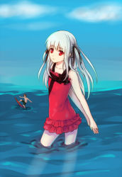 Rule 34 | 10s, 1girl, black ribbon, casual one-piece swimsuit, day, hair ribbon, k-project, kushina anna, ky9, long hair, ocean, one-piece swimsuit, outdoors, red eyes, red one-piece swimsuit, ribbon, silver hair, solo focus, swimsuit, water