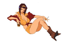 Rule 34 | 1girl, absurdres, alcohol, black hair, boots, breasts, brown footwear, cigarette, cleavage, clothing cutout, collared shirt, covered erect nipples, cowboy bebop, crossed legs, cup, drinking glass, faye valentine, front-tie top, guiguz, hairband, headband, high heel boots, high heels, highres, large breasts, lipstick, makeup, off shoulder, shirt, short hair, shorts, simple background, smoking, white background, yellow hairband, yellow headband, yellow shorts