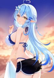 Rule 34 | 1girl, bare shoulders, blue hair, fanteam, hololive, long hair, looking at viewer, outdoors, pointy ears, smile, solo, yellow eyes, yukihana lamy