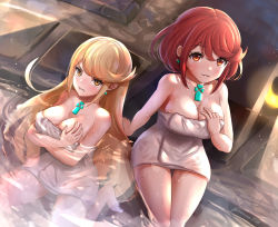 Rule 34 | 2girls, angry, bad id, bad twitter id, bath, blonde hair, blush, breasts, cleavage, clenched teeth, dual persona, earrings, gem, gonzarez, hair ornament, hand on own chest, headpiece, highres, jewelry, long hair, looking at viewer, multiple girls, mythra (xenoblade), naughty face, onsen, pyra (xenoblade), red eyes, red hair, short hair, shy, sitting, smile, swept bangs, teeth, thighs, tiara, tsundere, very long hair, water, xenoblade chronicles (series), xenoblade chronicles 2, yellow eyes