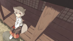 Rule 34 | 1girl, animal ears, bad id, bad pixiv id, dutch angle, highres, holding, inubashiri momiji, long skirt, looking at viewer, looking up, no headwear, pinwheel, pom pom (clothes), red eyes, seu kaname, short hair, silver hair, sitting, skirt, socks, solo, tail, touhou, white socks, wolf ears, wolf tail, wood, wooden floor