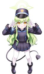 Rule 34 | 1girl, absurdres, black hat, black jacket, black skirt, blue archive, blush, demon girl, demon tail, gloves, green hair, green halo, halo, hat, highres, hikari (blue archive), jacket, kuma piv, long hair, looking at viewer, open mouth, pantyhose, pointy ears, shoes, skirt, solo, tail, white gloves, white pantyhose, yellow eyes