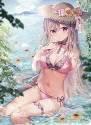 Rule 34 | 1girl, bare shoulders, bikini, black choker, bow, braid, breasts, brown hair, brown hat, choker, cleavage, closed mouth, flower, hair bow, hand on own chest, hand up, hat, highres, jacket, long hair, long sleeves, looking at viewer, maeda shiori, medium breasts, multi-strapped bikini, navel, off shoulder, open clothes, open jacket, pink bikini, red eyes, ribbon choker, side-tie bikini bottom, sitting, smile, solo, sousouman, stomach, straw hat, string bikini, sunflower, swimsuit, thigh strap, thighs, twinbox school, very long hair, water, wet, white jacket