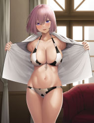 Rule 34 | 1girl, absurdres, animal print, ao banana, bare shoulders, bikini, blush, breasts, cleavage, collarbone, cow print, fate/grand order, fate (series), hair over one eye, highres, large breasts, light purple hair, looking at viewer, mash kyrielight, navel, necktie, open clothes, open mouth, open shirt, purple eyes, red necktie, shirt, short hair, smile, solo, swimsuit, thighs, white bikini, white shirt