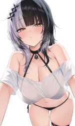 Rule 34 | 1girl, armpit crease, bare shoulders, bikini, black bikini, black hair, blush, breasts, choker, cleavage, collarbone, from below, hair ornament, highres, hololive, hololive english, large breasts, looking at viewer, medium breasts, midriff, multicolored hair, navel, off-shoulder shirt, off shoulder, ruru (ruru nnnn), see-through, shiori novella, shirt, simple background, skindentation, solo, split-color hair, string bikini, swimsuit, thigh strap, virtual youtuber, wet, wet clothes, white background, white hair, white shirt, yellow eyes