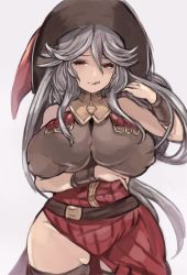 Rule 34 | 10s, 1girl, bare shoulders, breasts, brown eyes, cleavage, curvy, granblue fantasy, hair between eyes, hat, huge breasts, long hair, looking at viewer, magisa (granblue fantasy), see-through, see-through cleavage, side slit, silver hair, smile, solo, thick thighs, thighs, toi (toiot), tongue, tongue out, wide hips