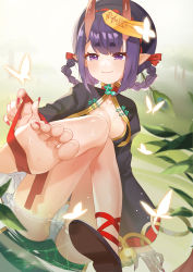 Rule 34 | 1girl, absurdres, ass, black dress, black hat, blush, bob cut, braid, braided hair rings, breasts, bug, butterfly, china dress, chinese clothes, cleavage cutout, clothing cutout, dress, eyeliner, fate/grand order, fate (series), feet, hair rings, han mao ji moki, hat, heroic spirit festival outfit, highres, horns, insect, jiangshi, leaf, legs, long sleeves, looking at viewer, makeup, nail polish, ofuda, oni, panties, pointy ears, purple eyes, purple hair, qingdai guanmao, short hair, shuten douji (fate), shuten douji (festival outfit) (fate), sitting, skin-covered horns, small breasts, smile, soles, solo, toes, twin braids, underwear, white panties, wide sleeves