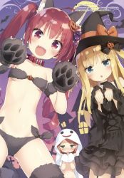 Rule 34 | &gt;:d, 3girls, :d, absurdres, ahoge, animal ears, animal hands, bed sheet, bikini, black dress, blonde hair, blush, breasts, brown hair, chestnut mouth, collar, covering chest, covering privates, dress, duplicate, fur, garter straps, ghost costume, gloves, green eyes, hair ornament, halloween, halloween costume, hat, hazuki watora, highres, jack-o&#039;-lantern, jack-o&#039;-lantern hair ornament, jpeg artifacts, kani biimu, long hair, looking at viewer, minazuki sarami, multiple girls, naked sheet, navel, nose blush, open mouth, original, paw gloves, red eyes, red hair, scan, shimotsuki potofu, side-tie bikini bottom, sidelocks, small breasts, smile, swimsuit, tail, tears, twintails, underboob, v-shaped eyebrows, witch hat