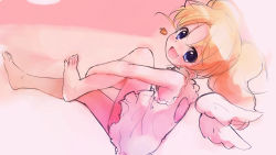 Rule 34 | 1girl, :d, barefoot, blonde hair, blue eyes, blush, fang, feet, highres, jewelpet (series), jewelpet twinkle, long hair, looking at viewer, miria marigold mackenzie, non-web source, nyama, open mouth, sketch, smile, solo, toes, twintails, wings