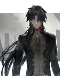 Rule 34 | 1boy, absurdres, black hair, black jacket, blade (honkai: star rail), border, closed mouth, grey background, grey shirt, hair over one eye, highres, honkai: star rail, honkai (series), jacket, long hair, long sleeves, looking at viewer, male focus, multicolored hair, red eyes, red hair, shirt, sketch, smile, solo, urie (f039975130), white border