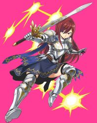 Rule 34 | 1girl, armor, belt, blue skirt, boots, breastplate, brown belt, brown hair, crossover, erza scarlet, fairy tail, full body, gate of nightmares, gauntlets, highres, holding, holding sword, holding weapon, long hair, looking at viewer, mashima hiro, official art, pauldrons, red hair, shoulder armor, skirt, solo, sword, weapon