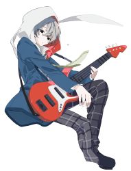Rule 34 | 1boy, black eyes, black footwear, blue jacket, electric guitar, grey hair, guitar, hair between eyes, highres, holding, holding instrument, hood, hood up, instrument, iori heartfield, jacket, long sleeves, looking at viewer, na ta53, necktie, pants, plaid, plaid pants, project cold, shirt, shoes, simple background, solo, white background, white shirt