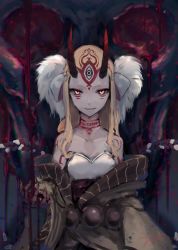 Rule 34 | 1girl, blonde hair, blood, claws, commentary request, facial mark, fate/grand order, fate (series), highres, horns, ibaraki douji (fate), japanese clothes, kimono, long hair, looking at viewer, obi, off shoulder, parted lips, rean (r ean), sash, signature, smile, solo, third eye, yellow eyes