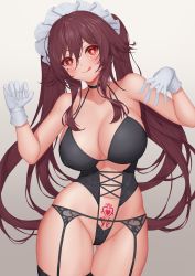 Rule 34 | :p, absurdres, alternate breast size, black thighhighs, breasts, brown hair, cowboy shot, garter belt, garter straps, genshin impact, gloves, highres, hu tao (genshin impact), large breasts, licking lips, lingerie, looking at viewer, maid headdress, pinkcap, pubic tattoo, red eyes, smile, symbol-shaped pupils, tattoo, thighhighs, tongue, tongue out, twintails, underwear, white gloves