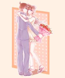 Rule 34 | 1boy, 1girl, blue eyes, blue jacket, blue pants, bouquet, brown hair, closed mouth, couple, dress, eye contact, floating hair, flower, full body, gasaisanae, grey background, hair between eyes, hand on another&#039;s head, holding, holding bouquet, hug, jacket, kudou shin&#039;ichi, long hair, long sleeves, looking at another, meitantei conan, mouri ran, pants, red flower, short dress, short sleeves, very long hair, white dress