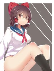Rule 34 | 1girl, absurdres, black socks, blue sailor collar, blush, bottomless, bow, breasts, brown hair, closed mouth, commentary request, cookie (touhou), expressionless, feet out of frame, frilled hair tubes, frills, hair between eyes, hair bow, hair tubes, hakurei reimu, highres, large breasts, long sleeves, looking at viewer, neckerchief, red bow, red neckerchief, reu (cookie), sailor collar, school uniform, serafuku, shirt, short hair, socks, solo, touhou, white shirt, yumekamaborosh