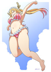 Rule 34 | 1girl, armpits, bikini, blonde hair, blush, breasts, closed eyes, cloud, cloudy sky, day, eyebrows, female focus, frilled bikini, frills, from below, gradient hair, groin, horns, jumping, kobayashi-san chi no maidragon, kouda tomohiro, large breasts, long hair, maid headdress, multicolored hair, navel, open mouth, outstretched arms, shiny skin, sky, solo, spread arms, striped bikini, striped clothes, swimsuit, tohru (maidragon), vertical-striped bikini, vertical-striped clothes, very long hair