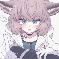 Rule 34 | 1girl, 1other, animal ears, arknights, arm grab, black choker, black jacket, blue dress, blue eyes, blush, brown hair, choker, collarbone, commentary request, doctor (arknights), dress, fox ears, gloves, grey background, hair between eyes, jacket, lightning bolt symbol, looking at viewer, material growth, open mouth, oripathy lesion (arknights), out of frame, simple background, solo focus, sussurro (arknights), tkugane, trembling, upper body, white gloves, white jacket