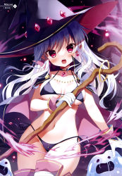 Rule 34 | 1girl, :o, absurdres, bikini, black bikini, black choker, black hat, breasts, cape, choker, cowboy shot, fang, gloves, halterneck, hat, highres, holding, holding staff, long hair, looking at viewer, magic, mauve, medium breasts, navel, open mouth, original, otona no moeoh, pointy ears, red eyes, side-tie bikini bottom, solo, staff, stomach, string bikini, swimsuit, thighhighs, thighs, v-shaped eyebrows, white gloves, white hair, witch hat
