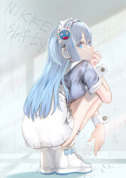 1girl animal_ear_headphones animal_ears ass blue_bow blue_eyes blue_hair bow breast_press cat_ear_headphones character_name commentary_request copyright_name english_text fake_animal_ears fingernails footwear_bow from_behind goddess_of_victory:_nikke grey_sailor_collar hair_ornament hand_on_own_chin hand_up headphones highres jeirabbitjei long_hair looking_at_viewer sailor_collar shadow shifty_(nikke) short_sidetail short_sleeves sidelighting solo squatting white_footwear white_headphones white_wrist_cuffs wrist_cuffs writing_on_wall