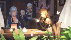 Rule 34 | 4girls, ahoge, bare shoulders, beret, blonde hair, blue eyes, blush, braid, breasts, brown eyes, brown hair, camieux, chair, cleavage, closed mouth, collarbone, commentary request, crop top, cucouroux (granblue fantasy), curtains, detached sleeves, draph, drinking, elbows on table, gloves, granblue fantasy, hair between eyes, hair ornament, hair ribbon, hairband, hat, head wings, height difference, indoors, lamp, large breasts, long hair, long sleeves, looking at viewer, looking to the side, medium breasts, midriff, miniskirt, multiple girls, navel, open mouth, ribbon, short twintails, silva (granblue fantasy), silver hair, sitting, skirt, smile, table, teapot, thighhighs, tweyen (granblue fantasy), twin braids, twintails, very long hair, wasabi60, wavy hair, window, wings, wooden floor, wooden wall