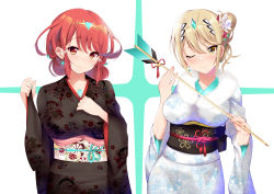 Rule 34 | 2girls, absurdres, alternate costume, alternate hairstyle, black vs white, blonde hair, breasts, chest jewel, daive, dual persona, earrings, female focus, floral print, hair ornament, highres, japanese clothes, jewelry, kimono, large breasts, matching hair/eyes, multiple girls, mythra (xenoblade), new year, one eye closed, print kimono, pyra (xenoblade), red eyes, red hair, short hair, solo, swept bangs, tiara, wink, xenoblade chronicles (series), xenoblade chronicles 2, yellow eyes