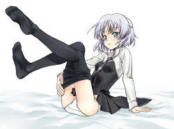 Rule 34 | 00s, 1girl, black pantyhose, clothes pull, feet, green eyes, panties, pantyhose, pantyhose pull, sanya v. litvyak, satou atsuki, short hair, silver hair, sitting, solo, strike witches, underwear, world witches series
