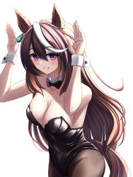 Rule 34 | 1girl, absurdres, animal ears, black bow, black bowtie, black leotard, black pantyhose, bow, bowtie, breasts, brown hair, cleavage, cowboy shot, detached collar, earrings, grin, highres, horse ears, horse girl, horse tail, jewelry, large breasts, leotard, long hair, looking at viewer, multicolored hair, nontraditional playboy bunny, pantyhose, purple eyes, single earring, smile, solo, sonicxeon, strapless, strapless leotard, streaked hair, symboli rudolf (umamusume), tail, umamusume, very long hair, white background, white hair, wrist cuffs