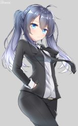 Rule 34 | 1girl, absurdres, ahoge, artist name, belt, black gloves, black hair, black necktie, black pants, blue eyes, blush, breasts, closed mouth, collared shirt, commission, formal, gloves, grey background, highres, long sleeves, looking at viewer, medium breasts, medium hair, necktie, original, pants, rachel bouvier, shirt, simple background, solo, suit, twintails, white shirt
