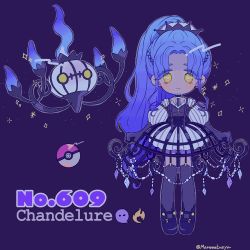 Rule 34 | 1girl, ball, black footwear, black gloves, blue hair, chandelure, character name, choker, creature and personification, creatures (company), dress, eyes visible through hair, full body, game freak, gen 5 pokemon, gloves, gradient hair, grey legwear, highres, long hair, looking at viewer, multicolored hair, narumame, nintendo, personification, poke ball, poke ball (basic), pokedex number, pokemon, pokemon (creature), ponytail, puffy sleeves, purple background, shoes, simple background, sparkle, standing, strap, striped clothes, striped dress, thighhighs, twitter username, very long hair, yellow eyes, zipper