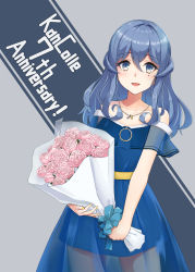 Rule 34 | 1girl, alternate costume, alternate hairstyle, anniversary, bare shoulders, blue dress, blue eyes, blue hair, blush, bouquet, commentary request, dress, flower, gotland (kancolle), grey background, hair between eyes, hair down, highres, jewelry, kantai collection, kodama (mmt uf), long hair, mole, mole under eye, nail polish, necklace, off-shoulder dress, off shoulder, open mouth, pink flower, pink rose, rose, simple background, solo, yellow nails