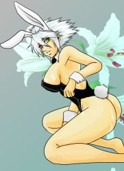 Rule 34 | 1girl, alpha-01, animal ears, arc system works, ass, bare legs, bare shoulders, blazblue, bow, bowtie, breasts, cleavage, detached collar, fake animal ears, flower, genderswap, genderswap (mtf), green eyes, heterochromia, highres, kneeling, large breasts, lily (flower), no shoes, ooji (bakushi naka), playboy bunny, rabbit ears, rabbit tail, ragna the bloodedge, red eyes, short hair, sideboob, silver hair, solo, tail, wrist cuffs