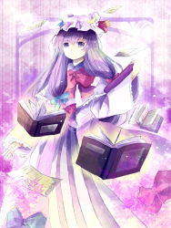 Rule 34 | 1girl, bad id, bad pixiv id, book, female focus, flying paper, hat, ichitaro, paper, patchouli knowledge, purple hair, solo, touhou