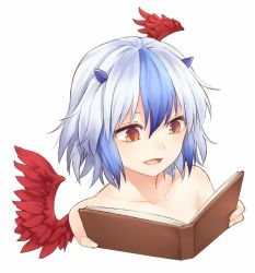 Rule 34 | 1girl, :d, blue hair, book, collarbone, commentary request, cropped shoulders, feathered wings, hair between eyes, head wings, highres, holding, holding book, horns, miyo (ranthath), multicolored hair, nude, open mouth, portrait, red eyes, red wings, short hair, silver hair, simple background, smile, solo, streaked hair, tokiko (touhou), touhou, white background, wings