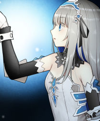 Rule 34 | 1girl, arm up, bad id, bad pixiv id, bare shoulders, black ribbon, black sleeves, blue eyes, blue hair, breasts, crystar, detached sleeves, dress, gloves, grey hair, hair between eyes, hair ornament, hair ribbon, hatada rei, kurata rine, long hair, long sleeves, looking away, multicolored hair, official art, parted lips, profile, ribbon, small breasts, solo, strapless, strapless dress, two-tone hair, very long hair, white dress, white gloves